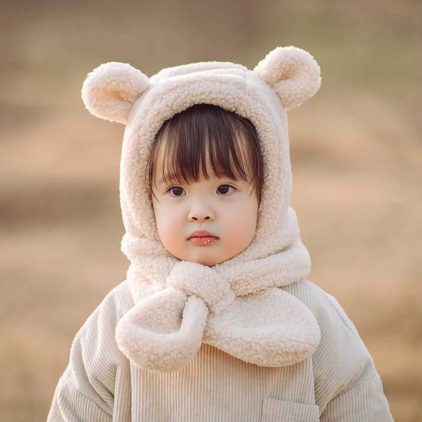 Caps Hats Lamb Fleece Ear Protection Cap For Kids Cute Hooded Hat Winter Boys Girls Windproof Warm Plush Beanie Baby One Piece Scarf Cap H241128