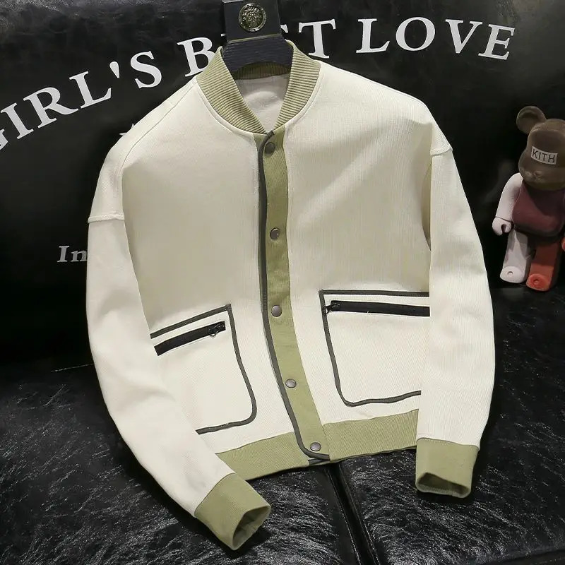 Mens contrasting color stand up collar jacket with high-end splicing Korean version mens youth jacket 241127