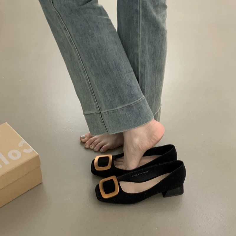 2025 Heels high heels Gentle fairy style design with sense of happiness new metal buckle square buckle thick heel soft sole non tiring single shoe