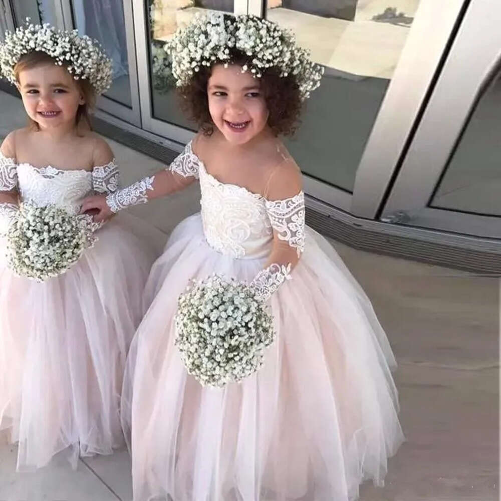 Flower Gown Tulle Princess Ball Girls Sheer Neck Long Sleeves Appliques Lace White Ivory Toddler Wedding Dresses Bc