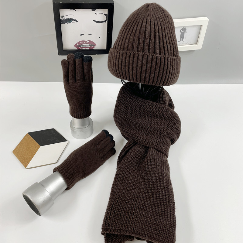 European and American autumn and winter yarn thickened outdoor insulation manufacturer direct sales multiple piece set knitted scarf hat glove three p
