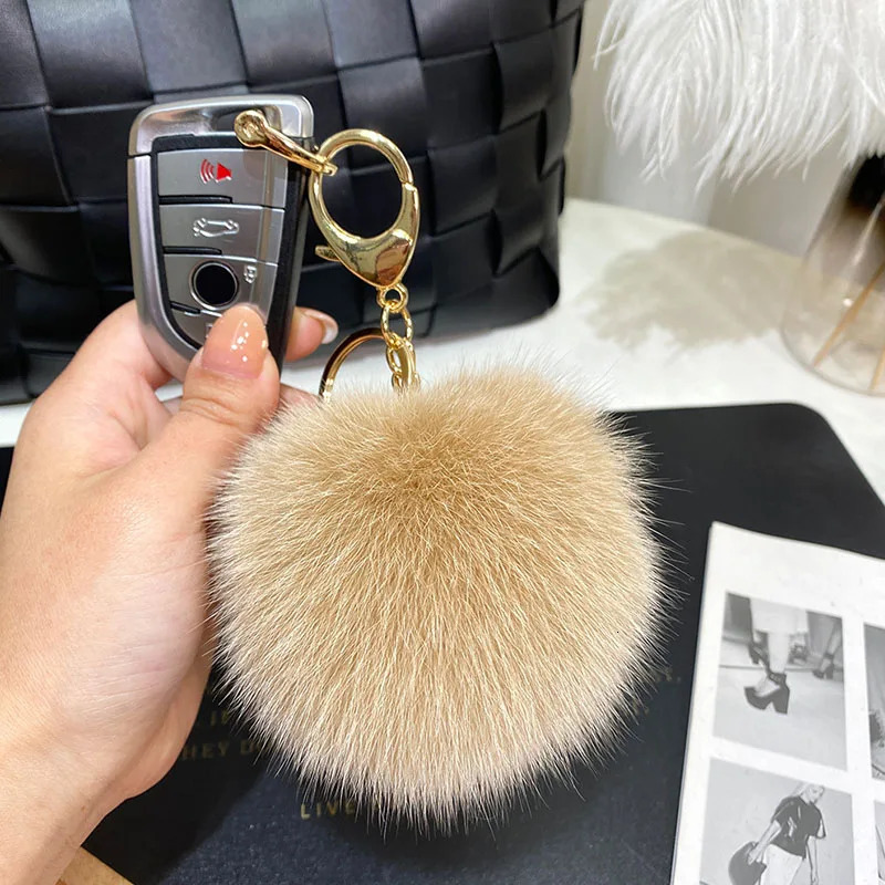 9CM Real Fur Ball Keychains for Women Girls Soft Plush Pompom Pendant Key Chains Rings Keyring Holder Charm Bag Gifts 241125