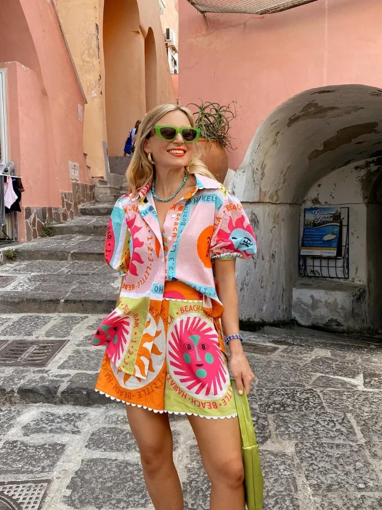 Summer Printed Colorful Shirts Shorts Set Women Short Sleeve Lapel Singlebreasted 2 Piece Suit Female Lady Holiday Outfits 240423