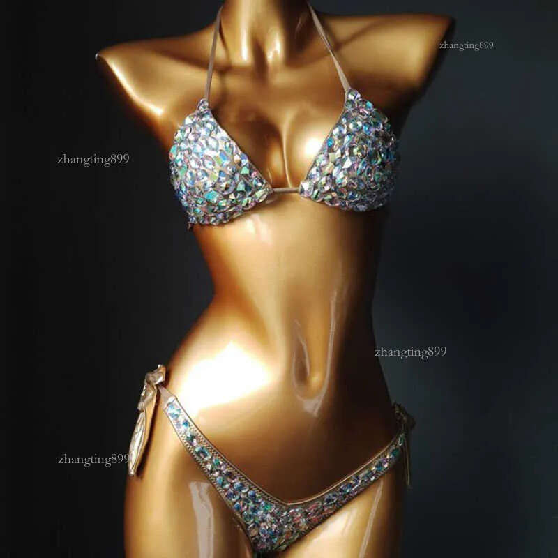 vacation style diamond bikini set bandage open swimwear push up bling stones swimsuit sexy women swim 210611