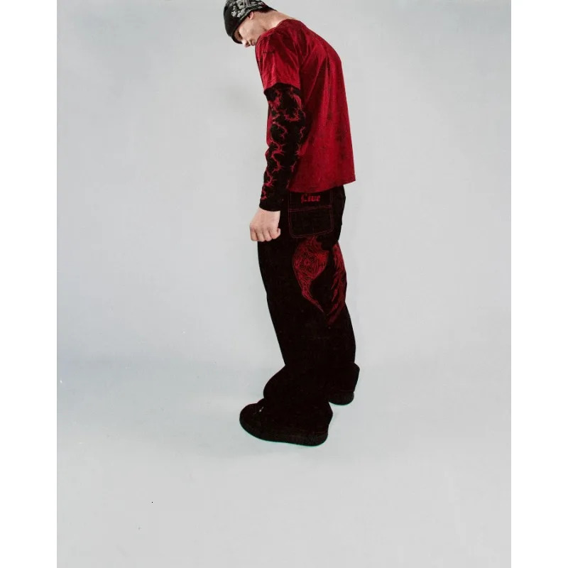 Gothic red embroidered high-quality mens graphic jeans hip-hop streetwear fashionable Y2K casual bag sports pants 241127