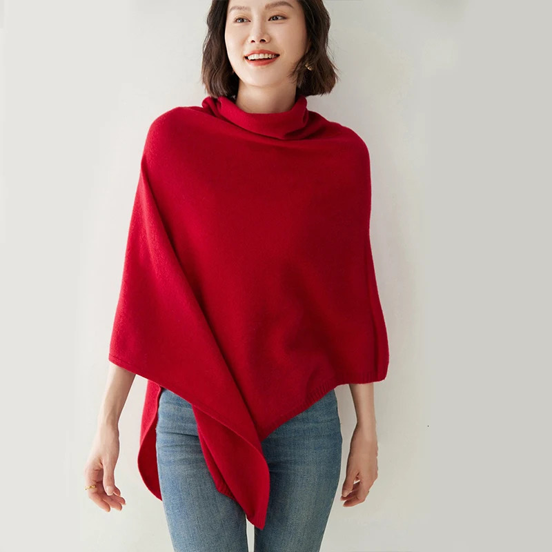 100%Pure Wool Knitted Cloak Pullover For Women Autumn Bat Sleeve Irregular Cashmere Poncho Turtleneck Pullover 241128