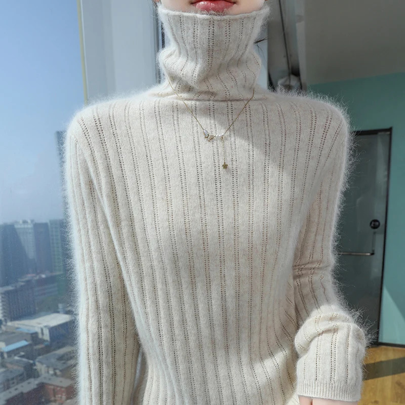 High neck 100% mink cashmere womens sweater autumn and winter style long sleeved knitted floral fashion version basic bottom top 241128
