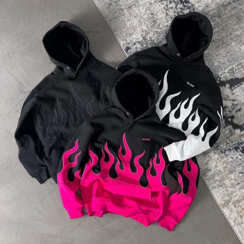 Retro retro casual oversized sportswear womens colorful Harajuku trend Y2K streetwear hip-hop punk flame print hoodie mens 241127