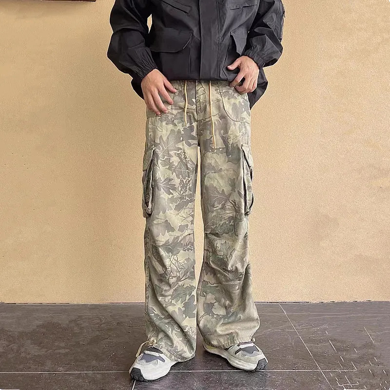 Y2K Fashion Side Pocket Camo Luggage Goods Jeans Mens Clothing Wide Legged Womens Cotton Pantaloni Uomo 240426