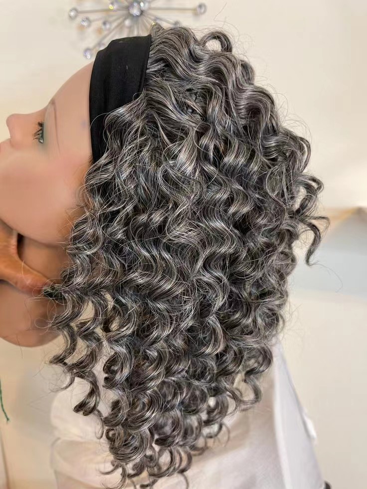Silver grays human hair headband wig tight curl falls on shoulder or below with adjustable velcro straps glueless 14inch