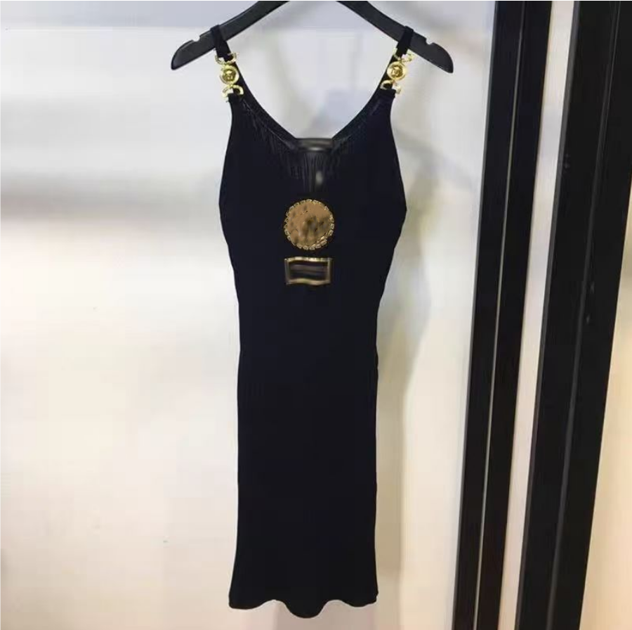 Summer casual dress designer skirt womens sexy V-neck sleeveless metal buckle suspender dresses knitted hip wrap Dress