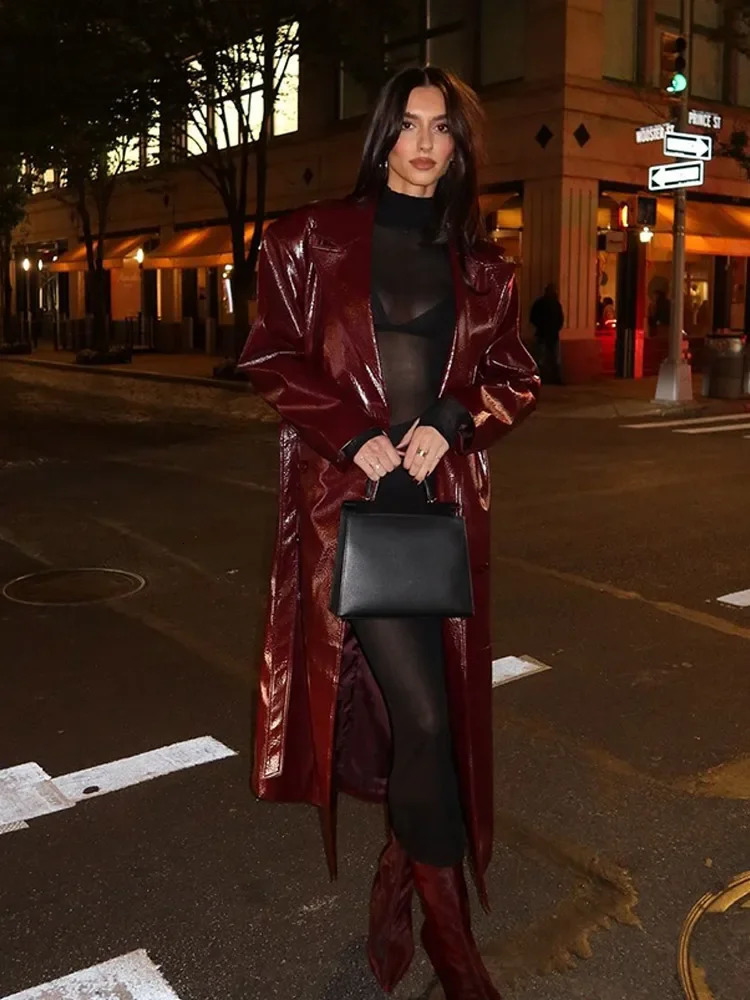 Autumn Burgundy Long Gloss Leather Trench Coat Womens Belt Double Chest Lace Long Jacket 2024 Womens Coat 241128