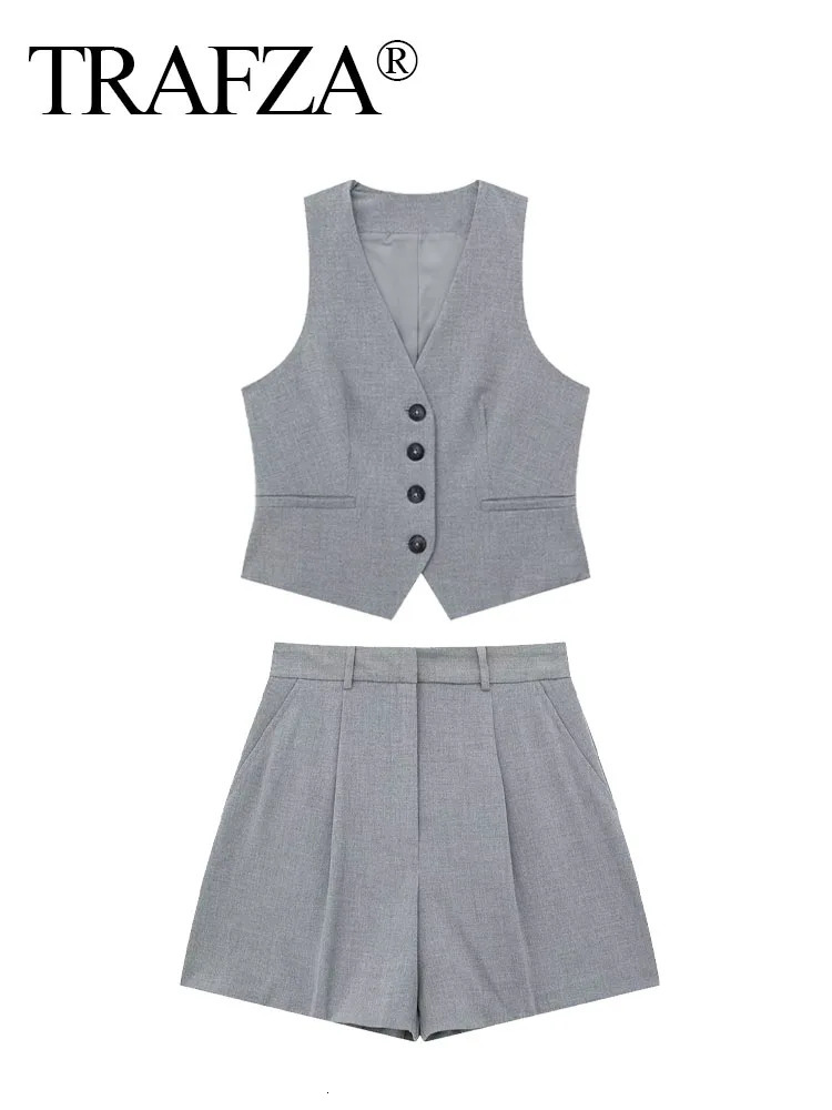 TRAFZA Women Vest Pant Suit Vintage Solid Vneck Single Breasted Sleeveless Vests Top Shorts Summer Woman Streetwear Grey Sets 240423