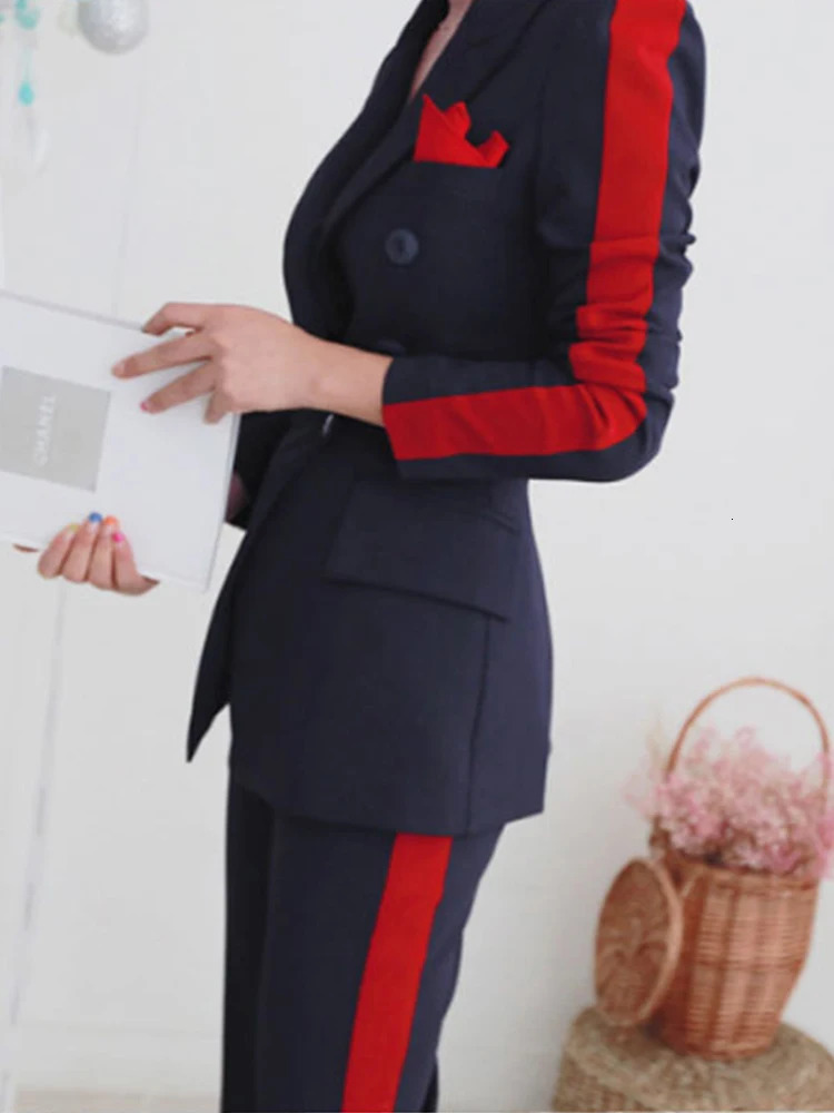 Formal 2 Pieces Outfits Elegant Women Mujer Temperament Double Breasted Slim Outwear Blazer Suit Long Pants Trouser Suits Sets 241126