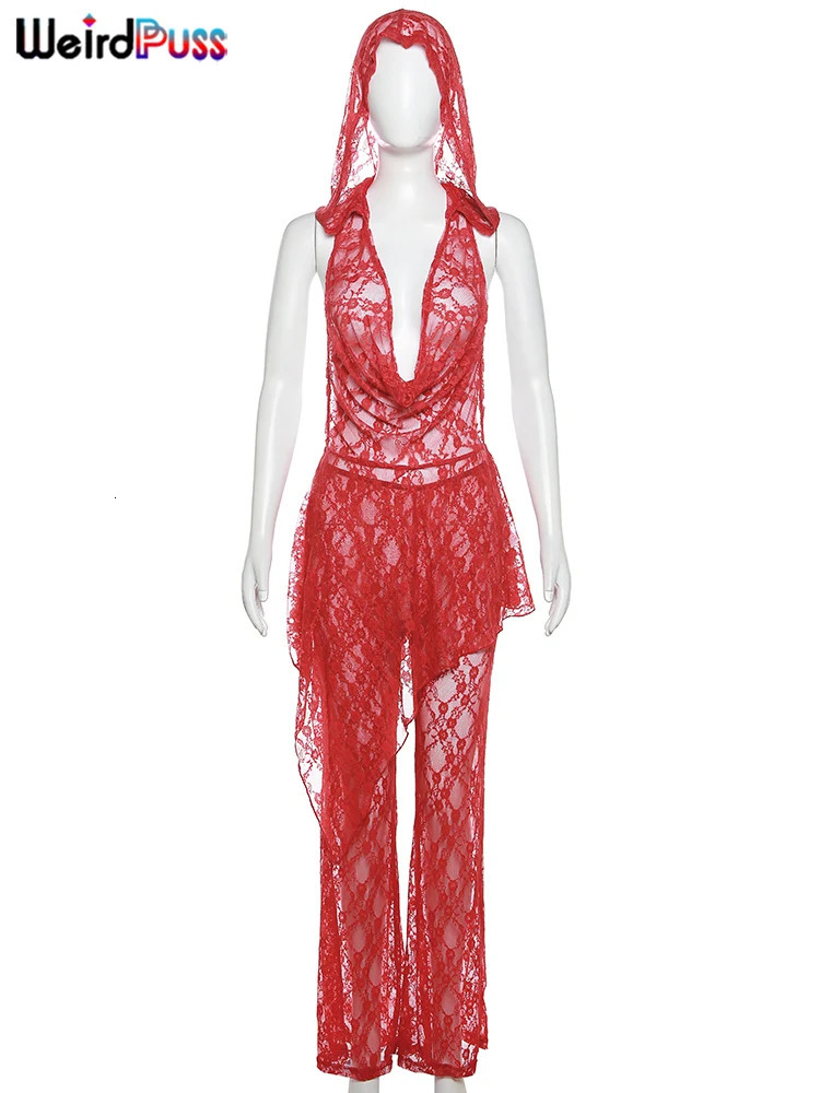 Weird Puss tie Sexy Women 2Piece Set Lace Sheer Hooded Backless Halter Tank TopsPants Vacation Clubwear Party Matching Suits 240423