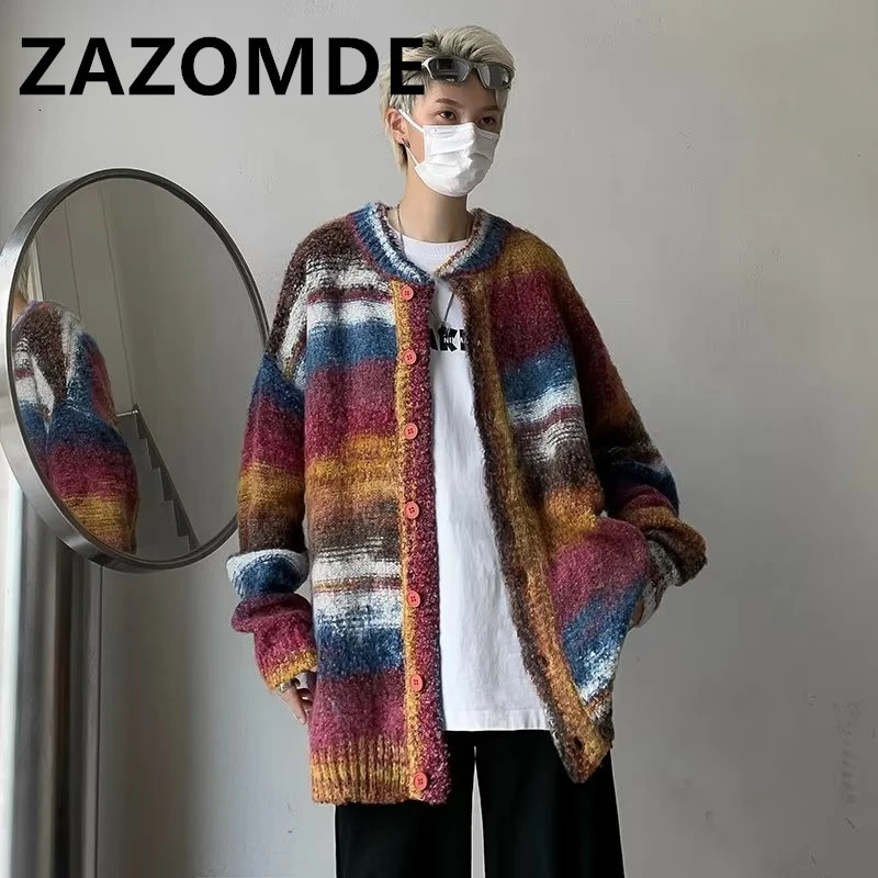 ZAZOMDE Men Wear Knitted Hip Hop Y2K Sweater Loose V-neck Single Breasted Tie-dye Knitted Stripe Cardigan Sweater Coat Winter 241127