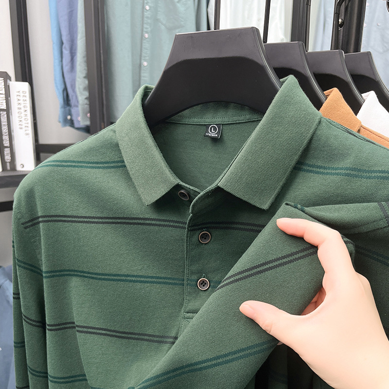 Cotton Men's Long-sleeved T-shirt Spring Autumn Casual Lapel Striped Polo Shirt Loose Washed Bottoming Tshirt Plus Size XXXL Tops Tees