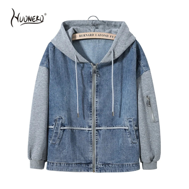 Autumn Mens Hooded Denim Jacket Comfortable Oversized Cropped Streetwear Fashion Casual Loose Light Denim Jacket Male Coat WCO12 240415