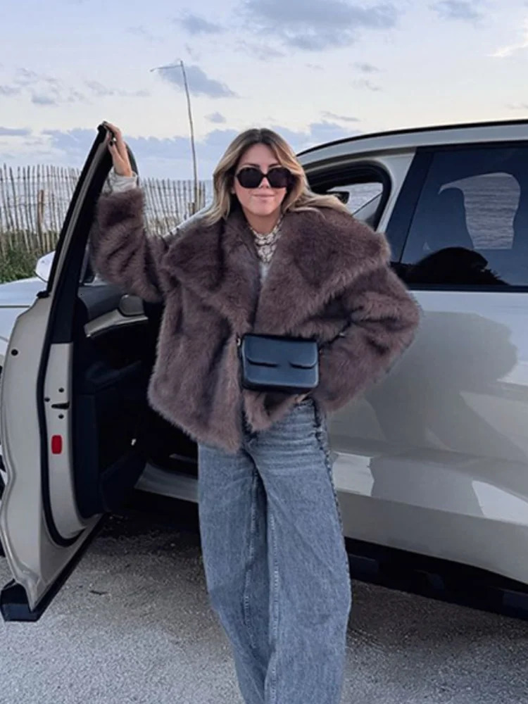 Brown Oversized Stand Collar Faux Fur Coat Fashion Long Sleeve Loose Thicken Jackets 2024 Winter Lady Streetwear 241121Z
