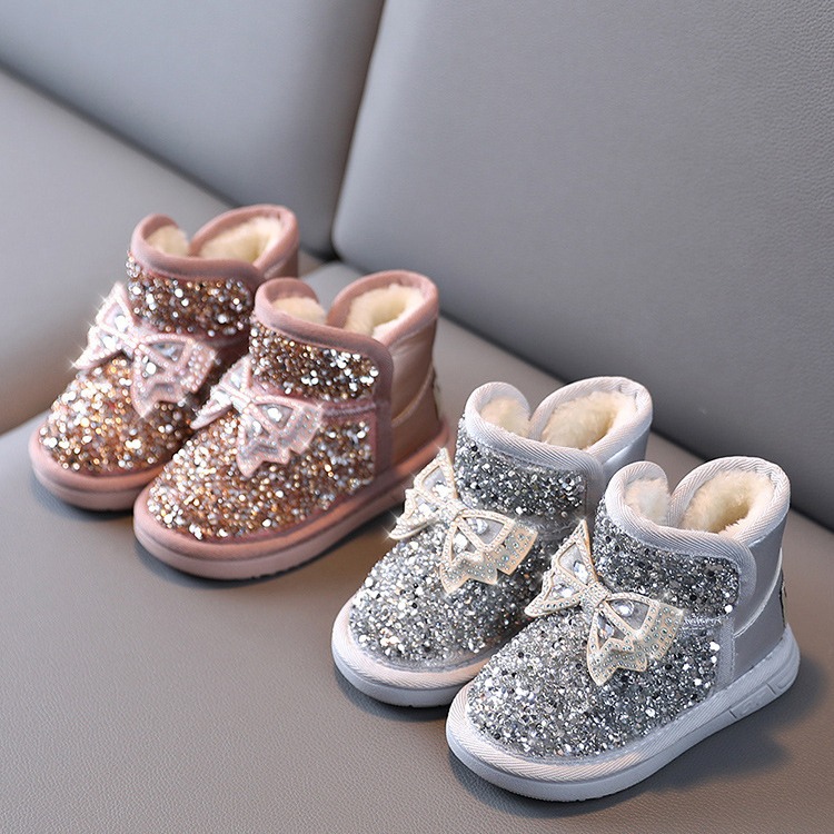 Girls Snow Boots Rhinestone Sequins Kids Fashion Winter Boots Princess Child Winter Cotton Plush Glitter Toddler Boots with Bow Littlesprouts Classic 