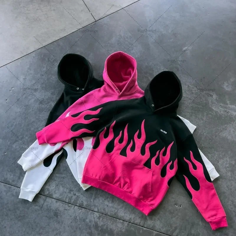 Retro retro casual oversized sportswear womens colorful Harajuku trend Y2K streetwear hip-hop punk flame print hoodie mens 241127