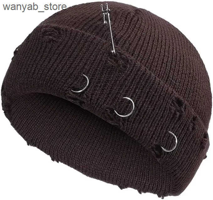 Beanie/Skull Caps Brand Oomy Womens Y2k Gothic Beanie Winter Knitted Hat Fashion Metal Ring Pin Hip Hop Street Clothing Harajuku Skull Hat L240910