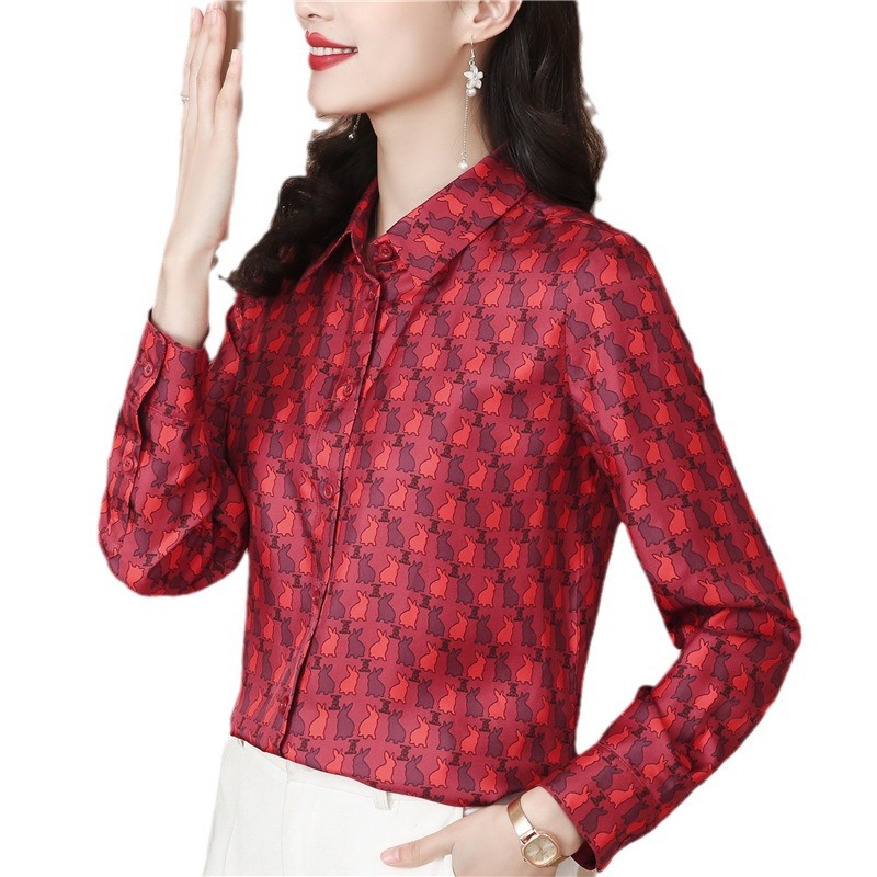 Fashion Rabbit Print Red Silk Shirt Women Long sleeved Lapel Neck Designer Blouses Casual Office Slim Ladies Button Down Runway Tops Clothing Spring S