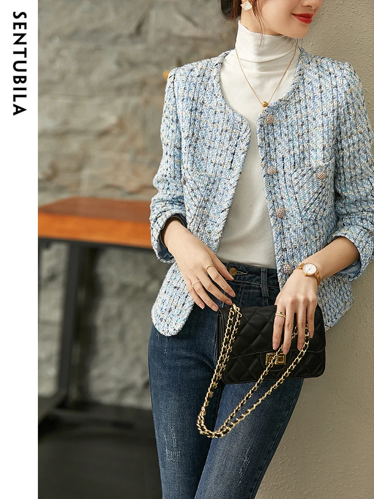 SENTUBILA Cropped Tweed Jacket for Women Autumn Elegant Fashion Outerwear O-Neck Short Coat Womens 143W56772X 241125