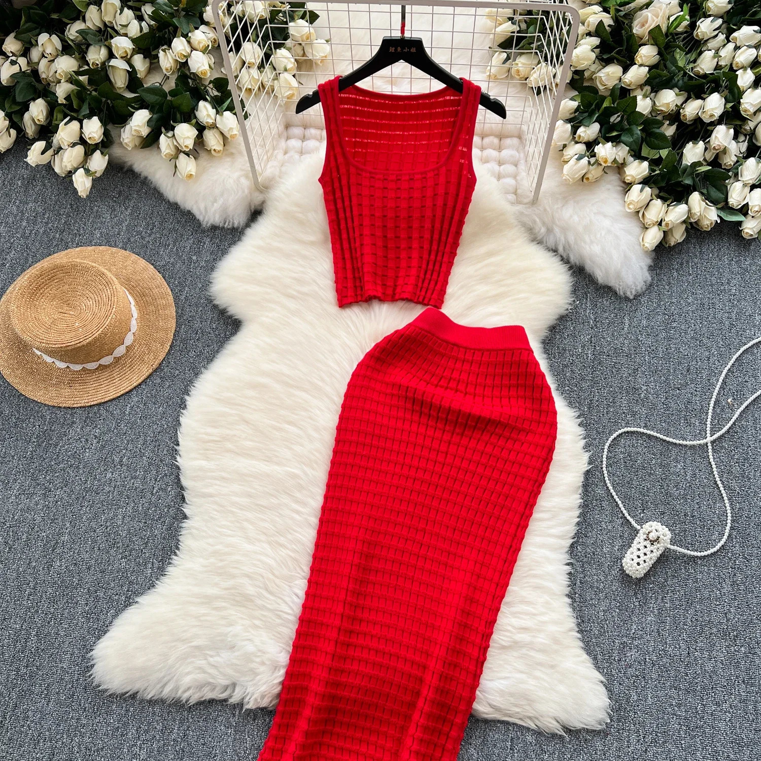 Summer Women Fashion Skirt Set Sexy Sleeveless Tank Tops High Waist Slim Long Saya Female Two Piece Suits Knit Solid Clothes 240423