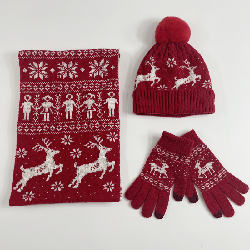 Christmas and Winter Knitted Wool with Velvet Hat Scarf Hat Glove One piece Deer Student Thick Warmth Set