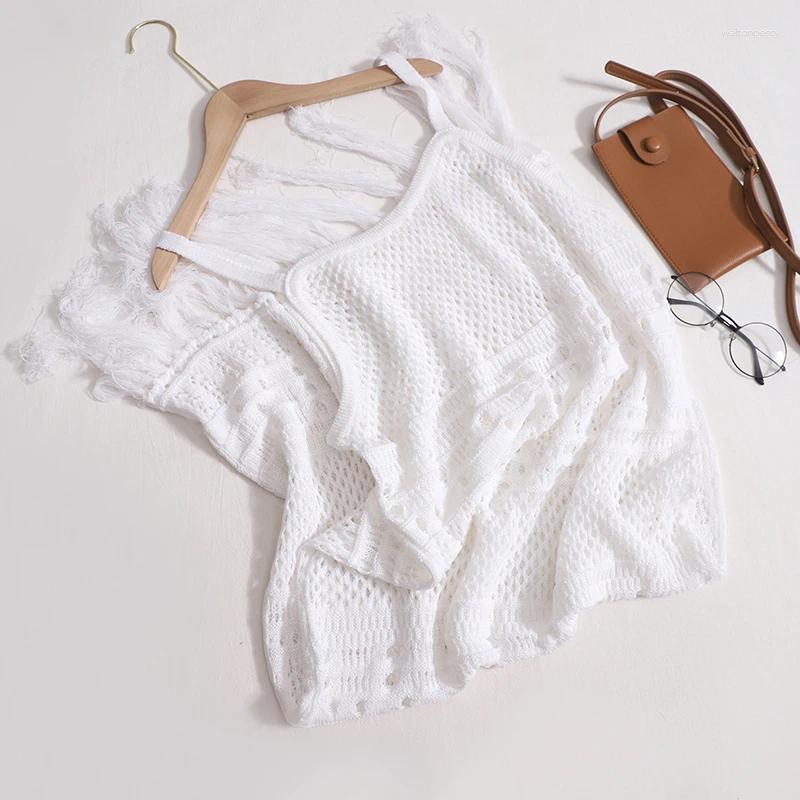 Casual Dresses Summer Knitted Hollow Out Camis Long Dress Girls Elegant Solid Silm Tassel Hemline For Women
