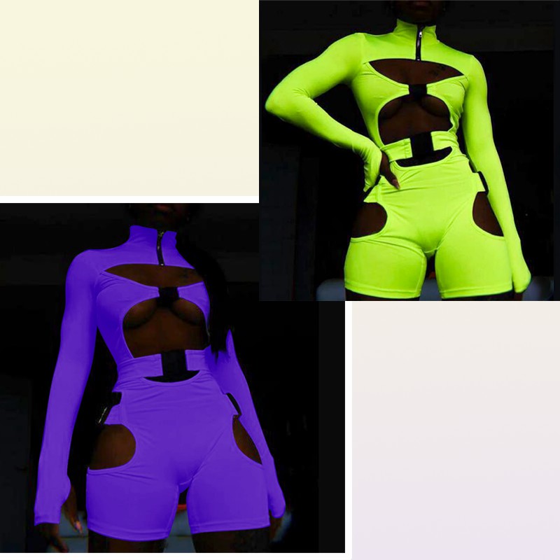 Women Bodycon Buckle Cut Out Biker Rompers Sexy Long Sleeves Hollow Out Clubwear Bodysuit One Piece Short Jumpsuit Pants