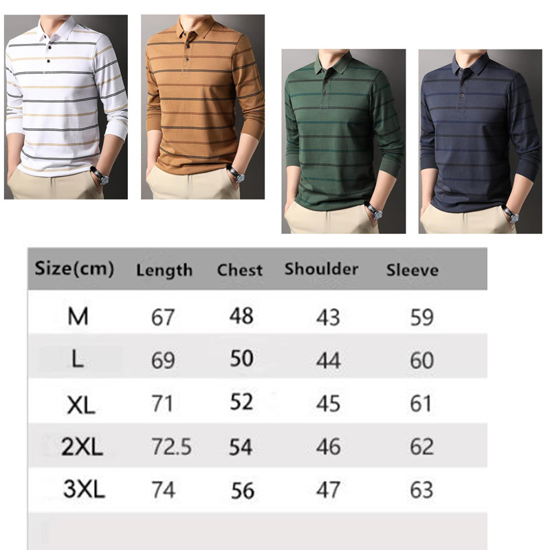 Cotton Men's Long-sleeved T-shirt Spring Autumn Casual Lapel Striped Polo Shirt Loose Washed Bottoming Tshirt Plus Size XXXL Tops Tees