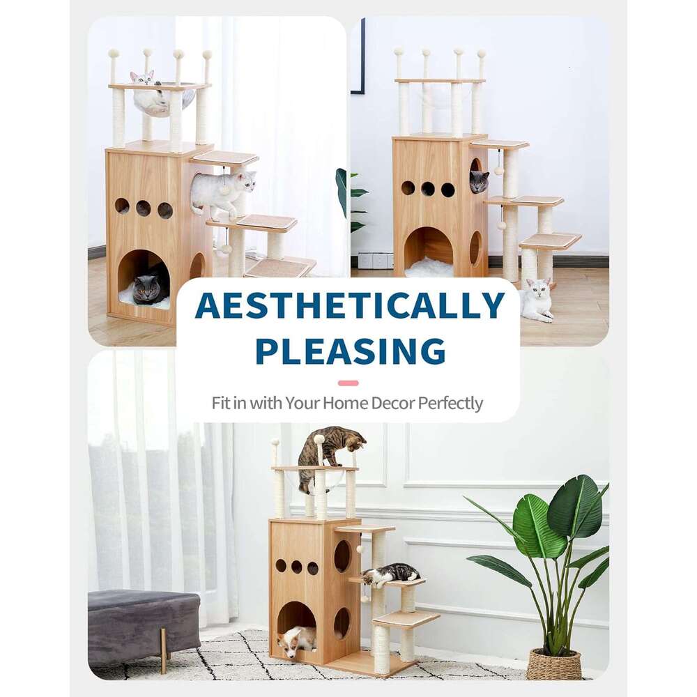 Made4Pets Modern Tree Large Cat, Wood Tower Heavy Duty with Scratch Post for Indoor Big Cats, Extra Tall Cat Condo Sturdy Frisco Castlel, 3-7days deli