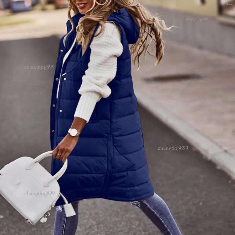 Women's Vests Puffee Vest Long Puffer Womens Jacket With Hood Sleeveless Warm Down Coat Women Winter 2024 Pockets Waistcoat Outdoor