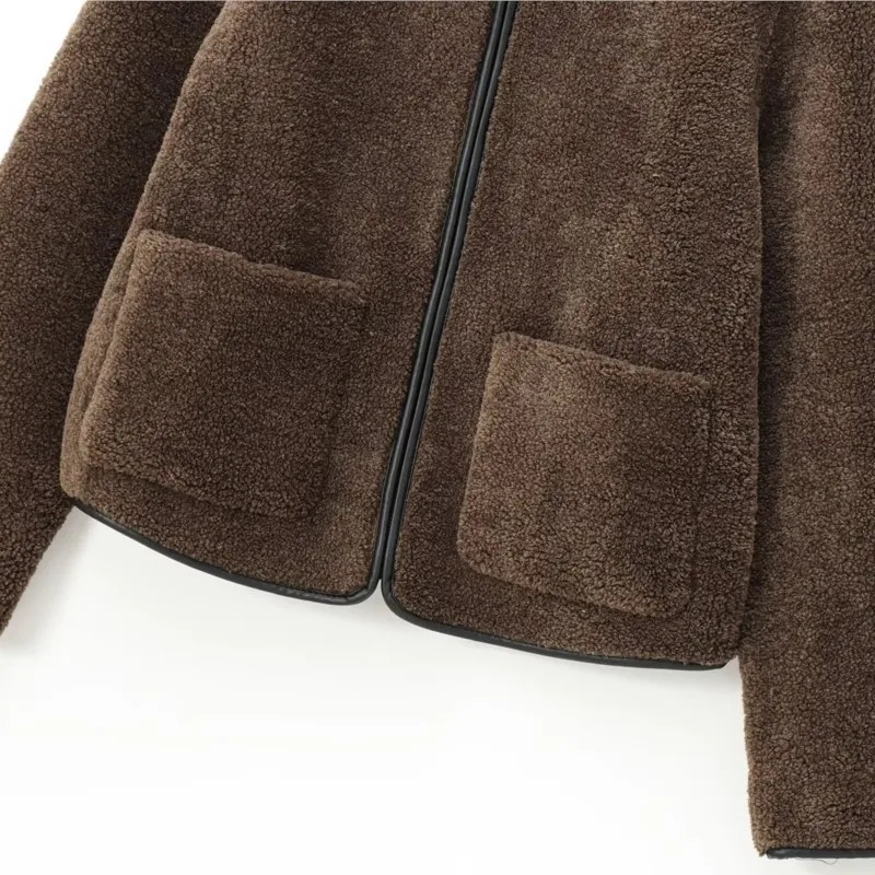 TRAF Fleece Patchwork Jacket for Women Autumn Casual Pocket Zipper O Neck Decoration Short Jacket Casual Jackets Female Jackets 241128