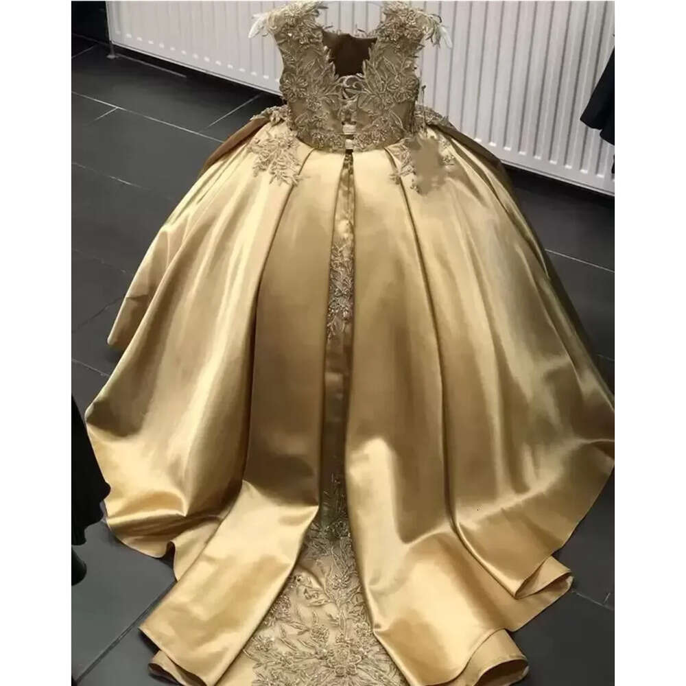 Flower Gold Dress Crystal Girls Pageant Dresses Ball Gown Beaded Toddler Infant Clothes Little Kids Birthday Gowns Bc Es S