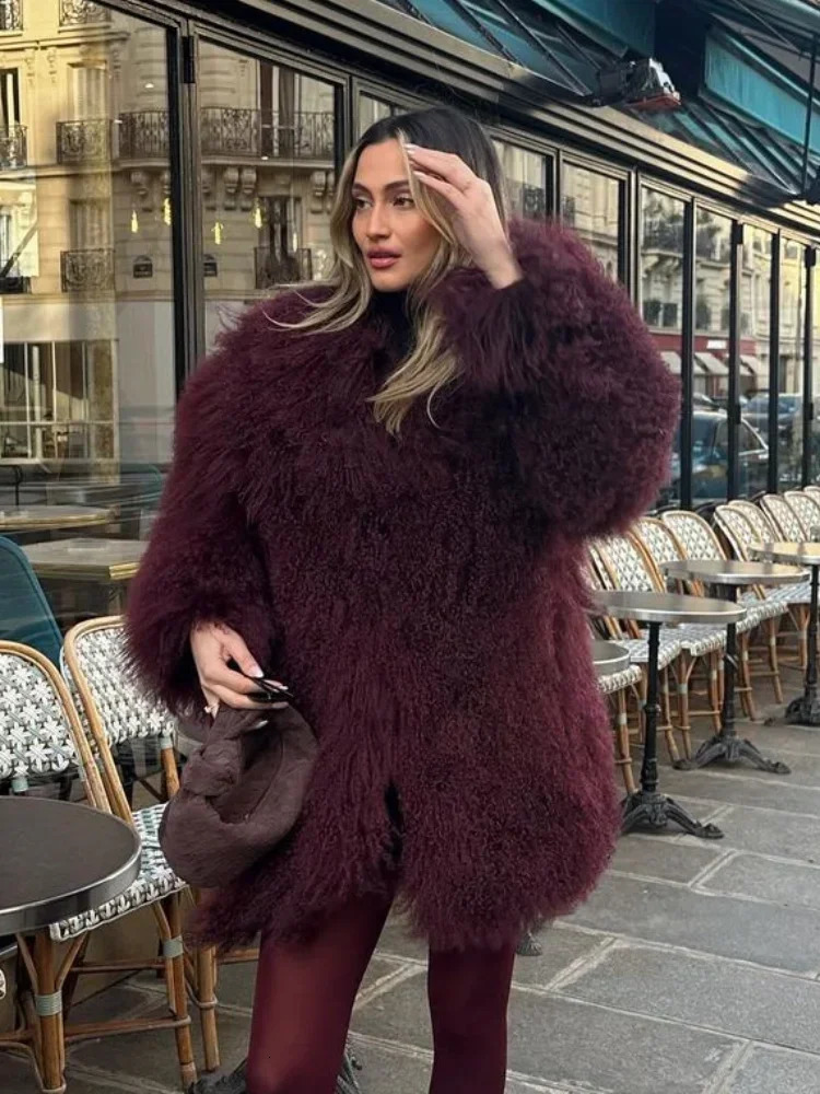 2024 Fashion Wine Burgundy Furry Faux Fur Warm Womens Coats Thicken Fluffy Plush Loose Trendy Jacket Winter Lady Outerwear 241121Z