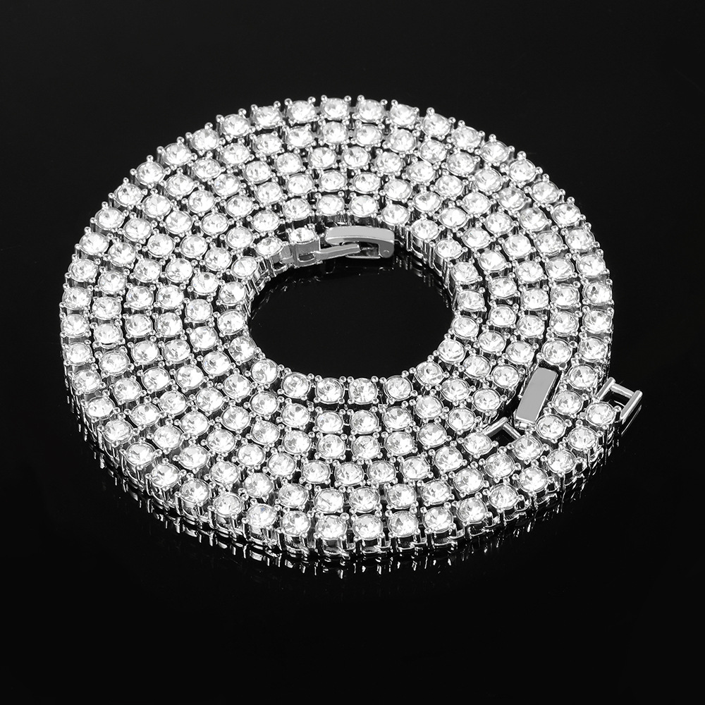 Hip-Hop Tennis Chain Single Row Chain 4Mm Tennis Chain Alloy Water Diamond Full Diamond Necklace