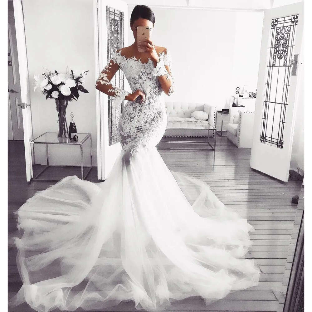 Lace Dresses Gorgeous Mermaid Wedding Illusion Long Sleeves Sexy Sheer Court Train Bridal Gowns Custom Made