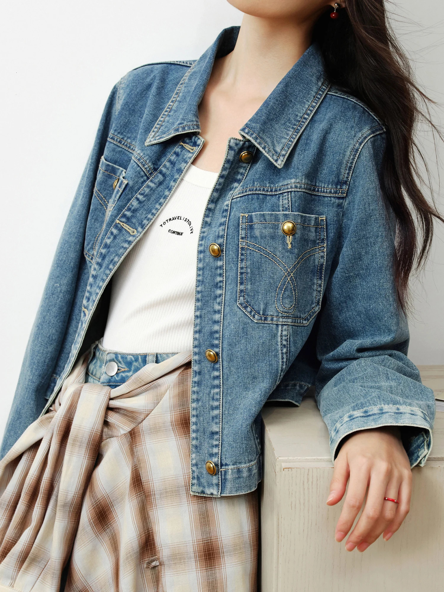 DUSHU Plus Size Spring/Summer Short Collar Denim Jacket Shoulder Jacket Womens Top Casual Loose 24DS83096 241125