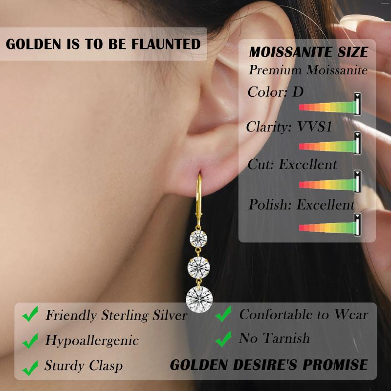 Dangle Earrings 7 Ctw Gold-Plated Moissanite Drop - S925 Silver With Triple Sparkling Stones Elegant And Timeless Design