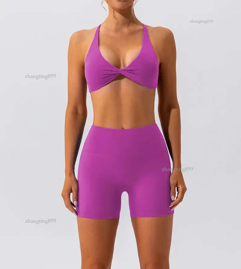 Active Sets Women's Spring/Summer Naked Yoga Clothes Shorts Two Piece Set For Fitness Running Quick Drying Sports