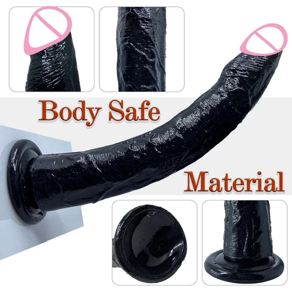 Realistic 13.4-Inch Big Black Jelly Dildo with Suction Cup - Balls-Free Anal Toy for Women & Men, Flexible & Phthalate-Free