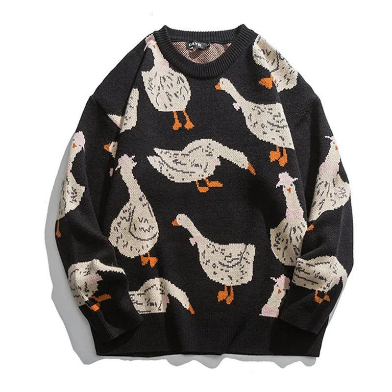 Japanese Knitted Sweater Men Cartoon Animal Duck Goose Print Pullover Harajuku Casual O-neck Oversize Top Streetwear Unisex Fall 241127
