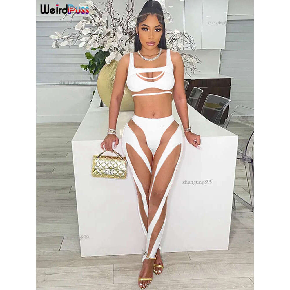 Women's Tracksuits Weird Puss Mesh Sexy 2 Piece Set Women Tracksuit Patchwork Fitness Sporty VestLeggings Stretch Skinny Midnight Matching Outfit