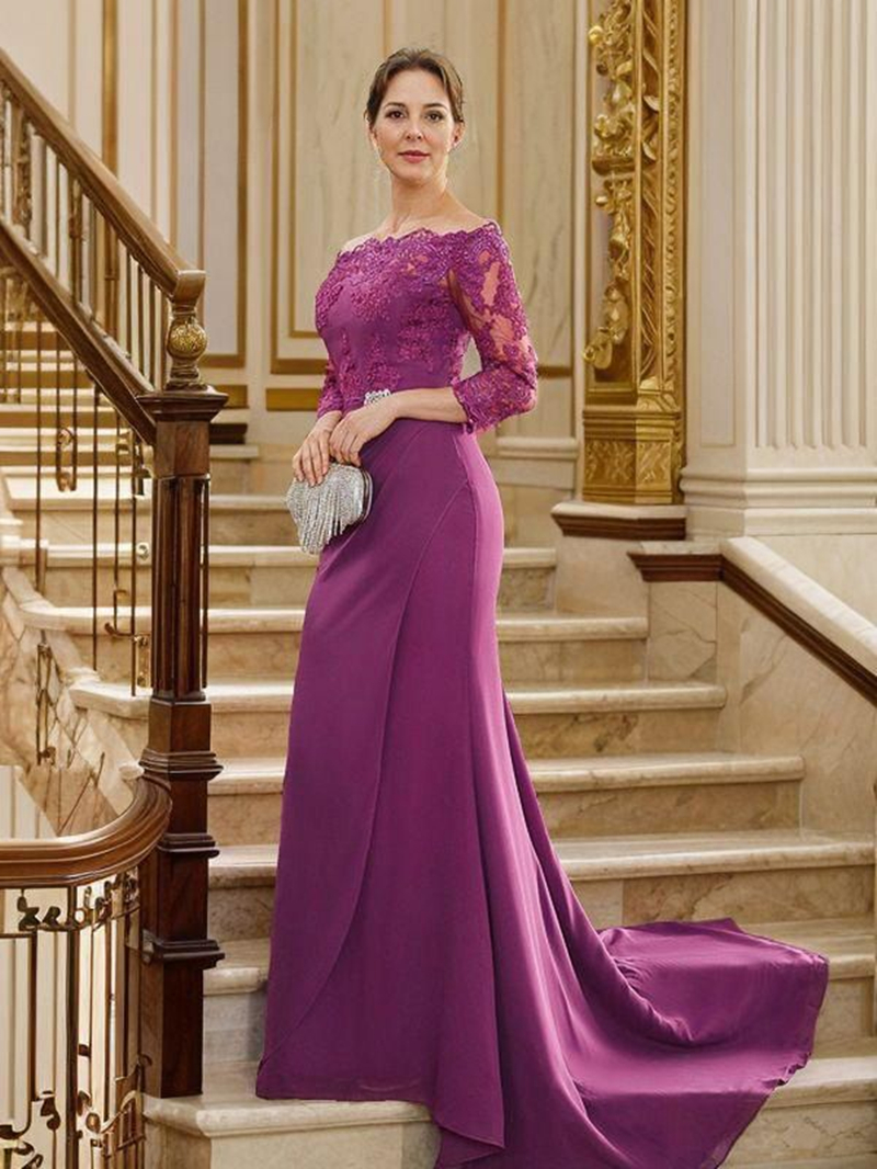 Elegant Purple Mermaid Mother Of The Bride Dresses Bateau Neck Lace Appliques 3/4 Long Sleeves Satin Formal Dress Wedding Guest Gown For Women 2025