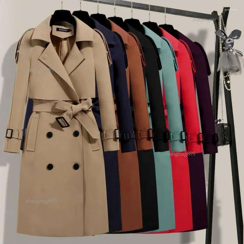 Women's Trench Coats Long With Belt Autumn Korean Windbreaker Ladies Double-breasted Solid Khaki Adjustable Waist Coat For Women