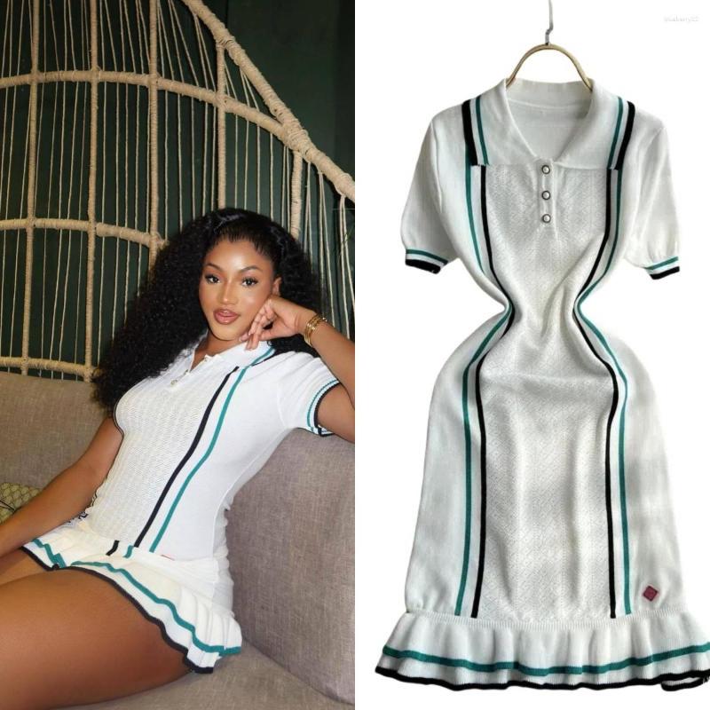 Casual Dresses Women Color Patchwork Ruffles Knitted Mini Dress Buttons Polo-Neck Bodycon Outfits