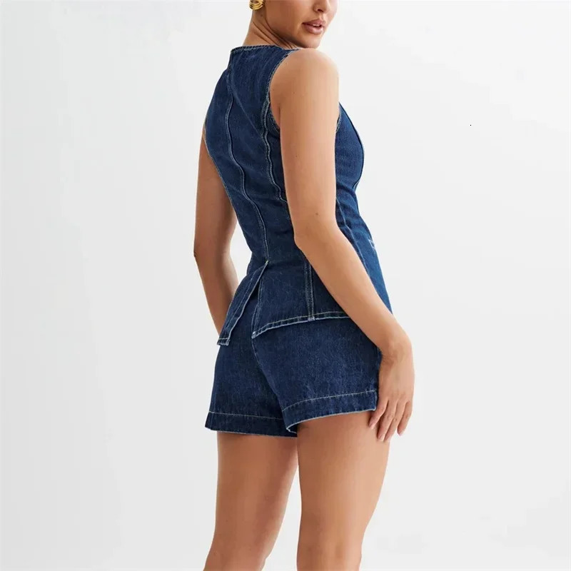 2024 Vintage Casual Denim Suits Back Split Women Sleeveless Button Splicing Slim Jacket Female Two Piece Sets High Waist Shorts 241127